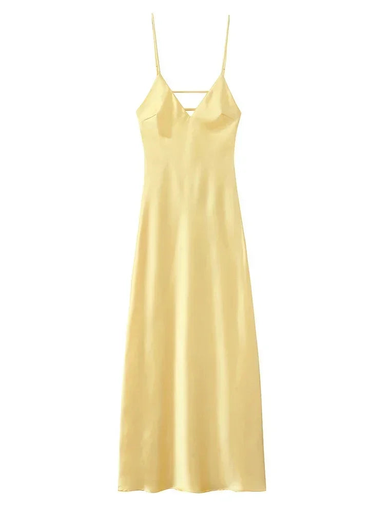 Yellow Satin Sling Maxi Dress for Women | Elegant V-Neck Sleeveless Backless Summer Evening Gown | Premium High-Waist Loose Silhouette Party Robe | Model Yellow Elegant Stain Regular Fit Ankle-Length Luxegan
