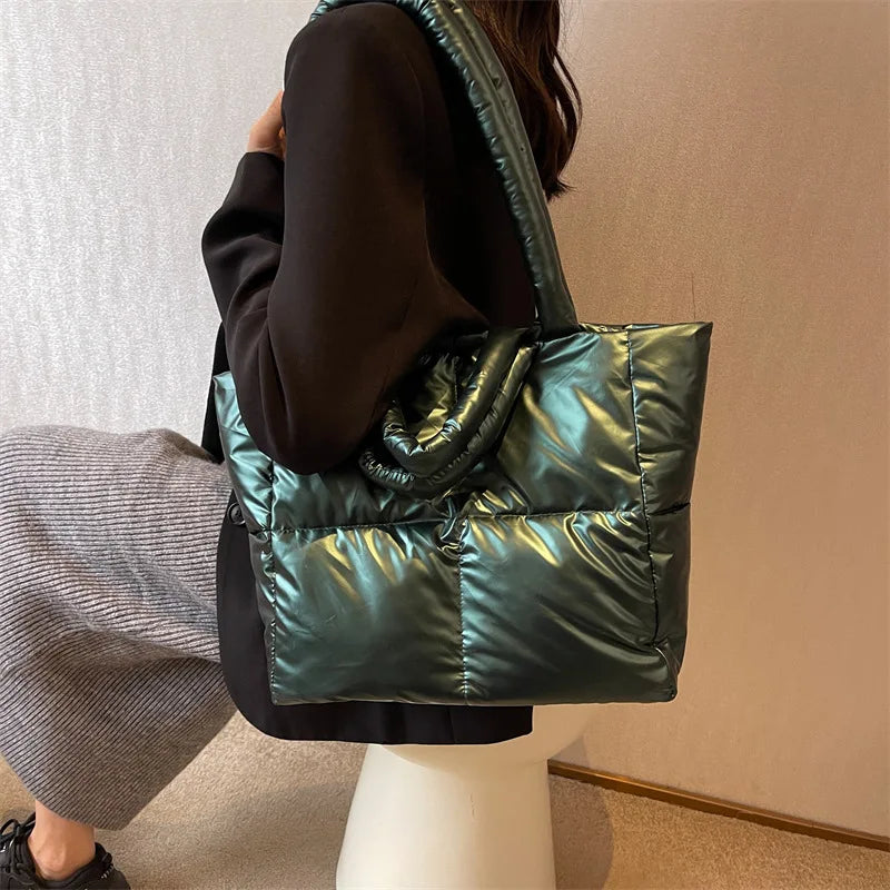 Designer Puffy Shoulder Bag Women Quilted Space Down Feather Padded Cotton Handbag | Winter Large Capacity Warm Shopping Purse Luxegan