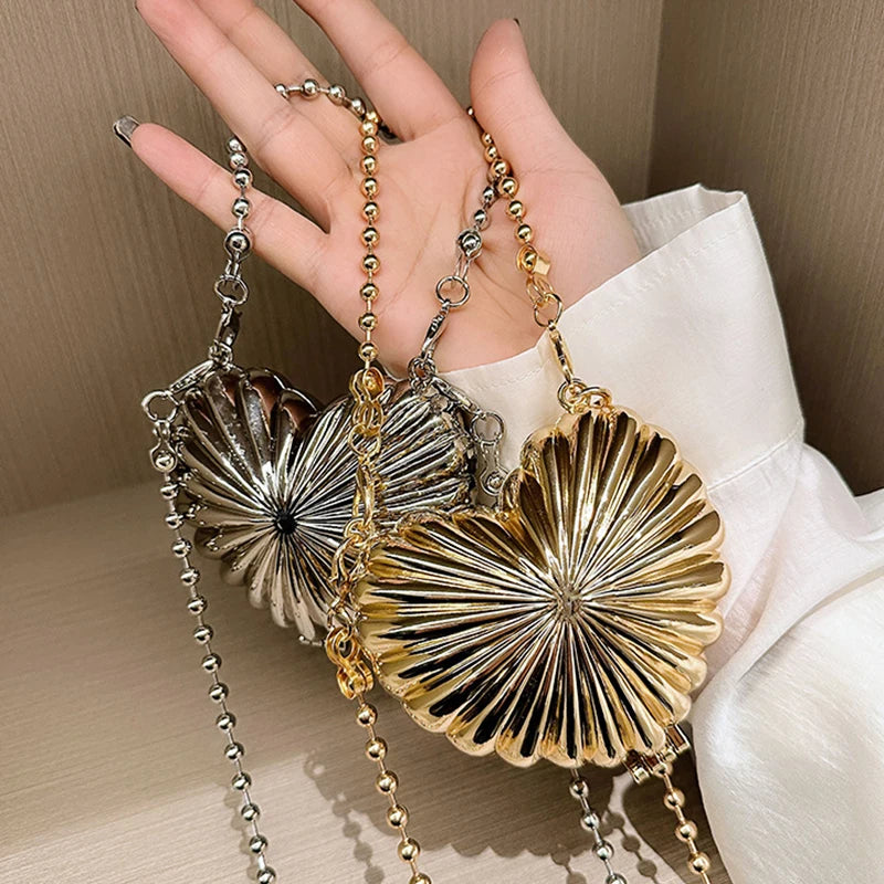 Metallic Heart Shell Minaudiere | Hard Golden/Silver Designer Evening Clutch Luxegan
