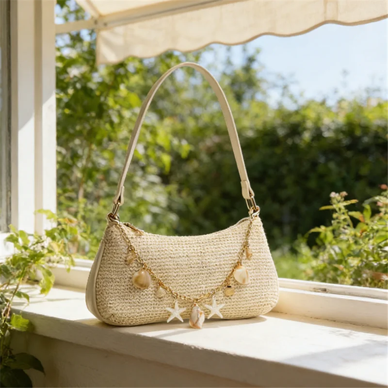 Woven Underarm Straw Bag | Sophisticated "Baguette" Silhouette | Elegant Pearl & Chain Decoration | "Dignified" High-Performance Straw Weaving Essential for Radiant Versatile Styling Luxegan