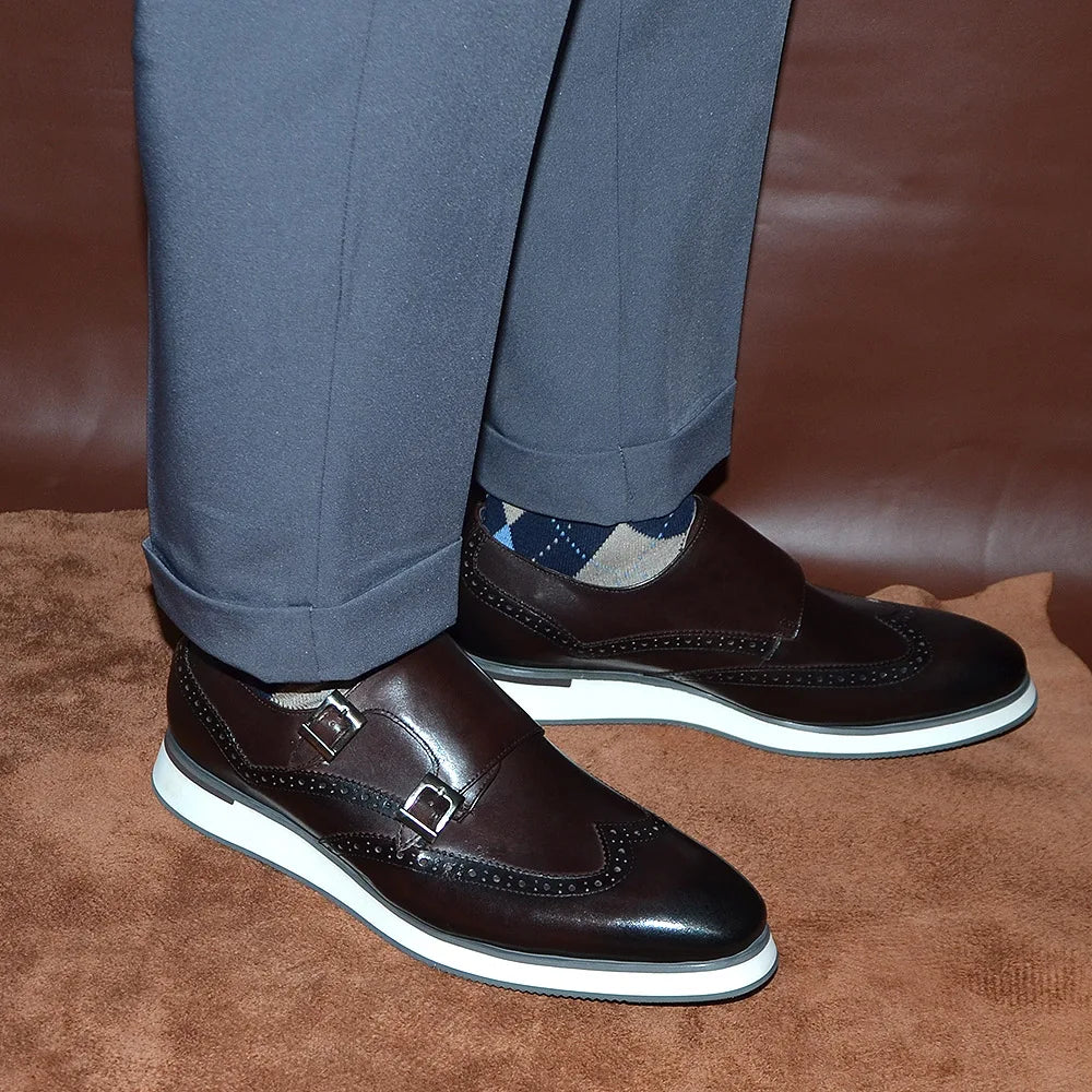 Classic European Luxury Monk Strap Sneakers | Sophisticated Double Buckle Wingtip Brogue | Elegant "Genuine Cow Leather & Suede" Silhouette | "Dignified" Sheepskin Insole & Non-Slip Rubber for Radiant Versatile Styling Luxegan