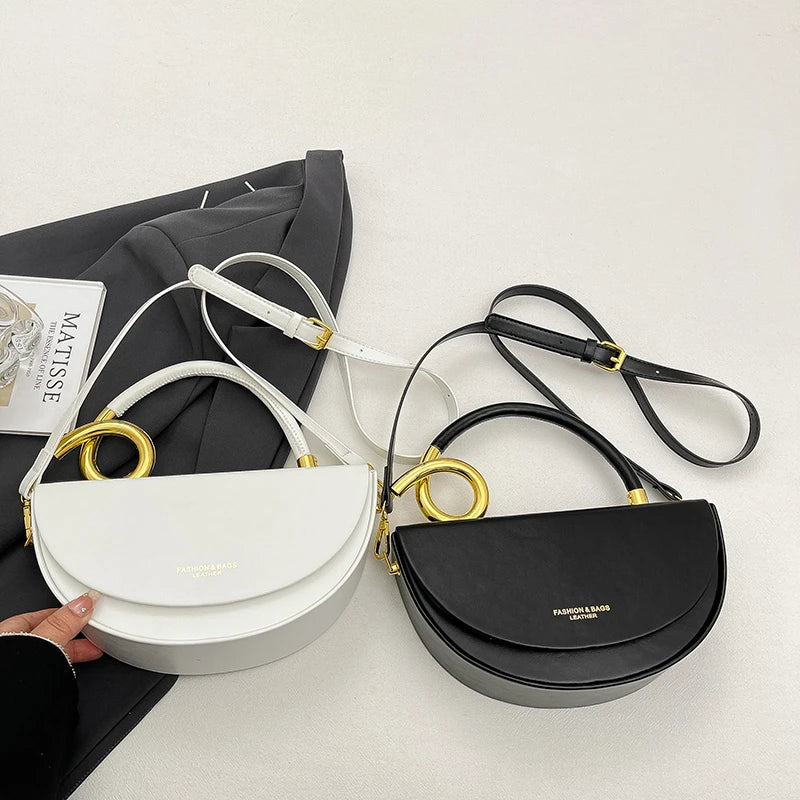 Designer Semicircle Saddle Crossbody | Small Hard PU Leather Handbag Luxegan