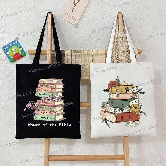 Books and Flower Print Canvas Tote | Casual Reusable Shopping Bag Luxegan