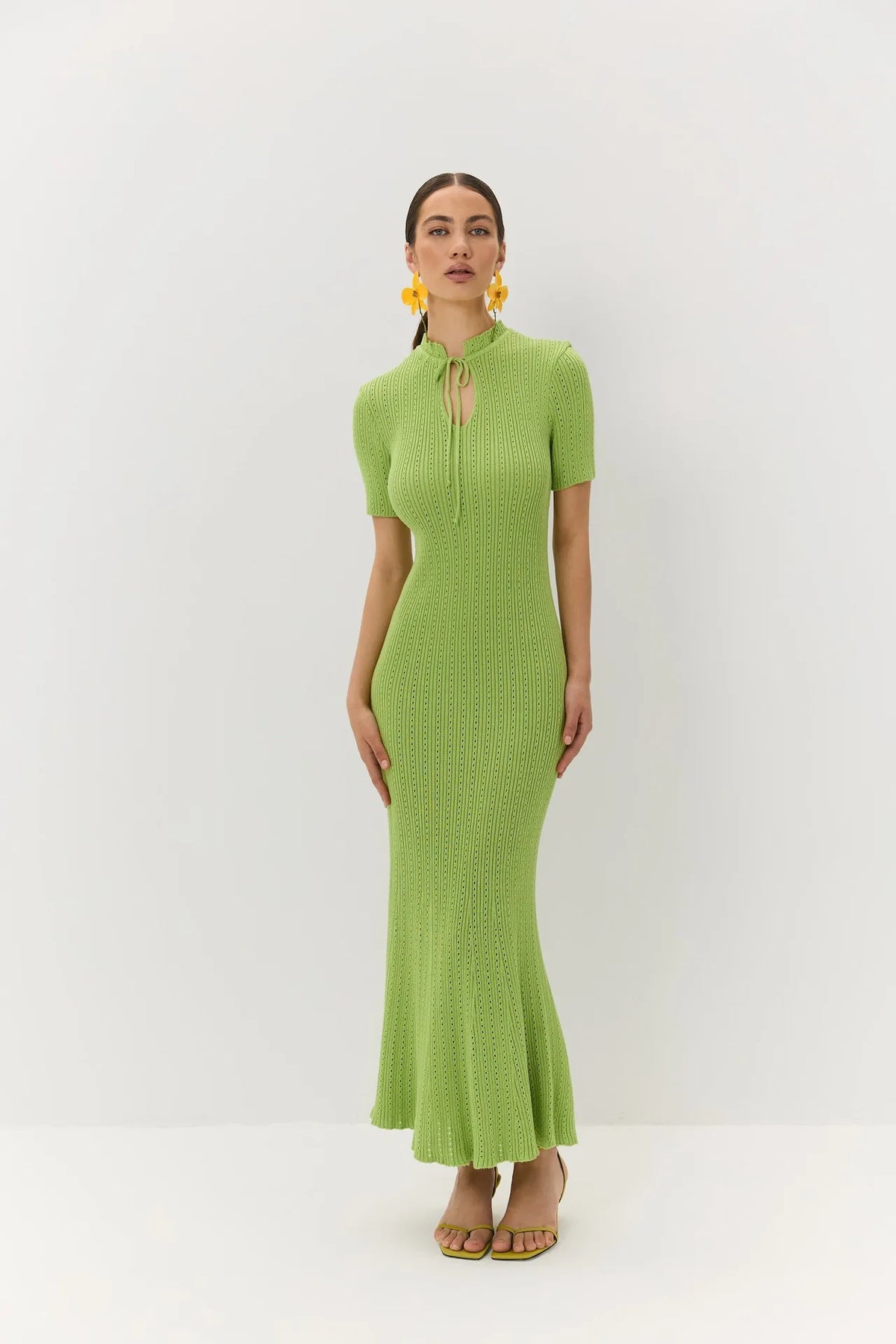 Knit Lace-Up V-Neck Short Sleeve Straight Ankle-Length Dress – Hollow-Out, High Stretch, Summer Luxegan