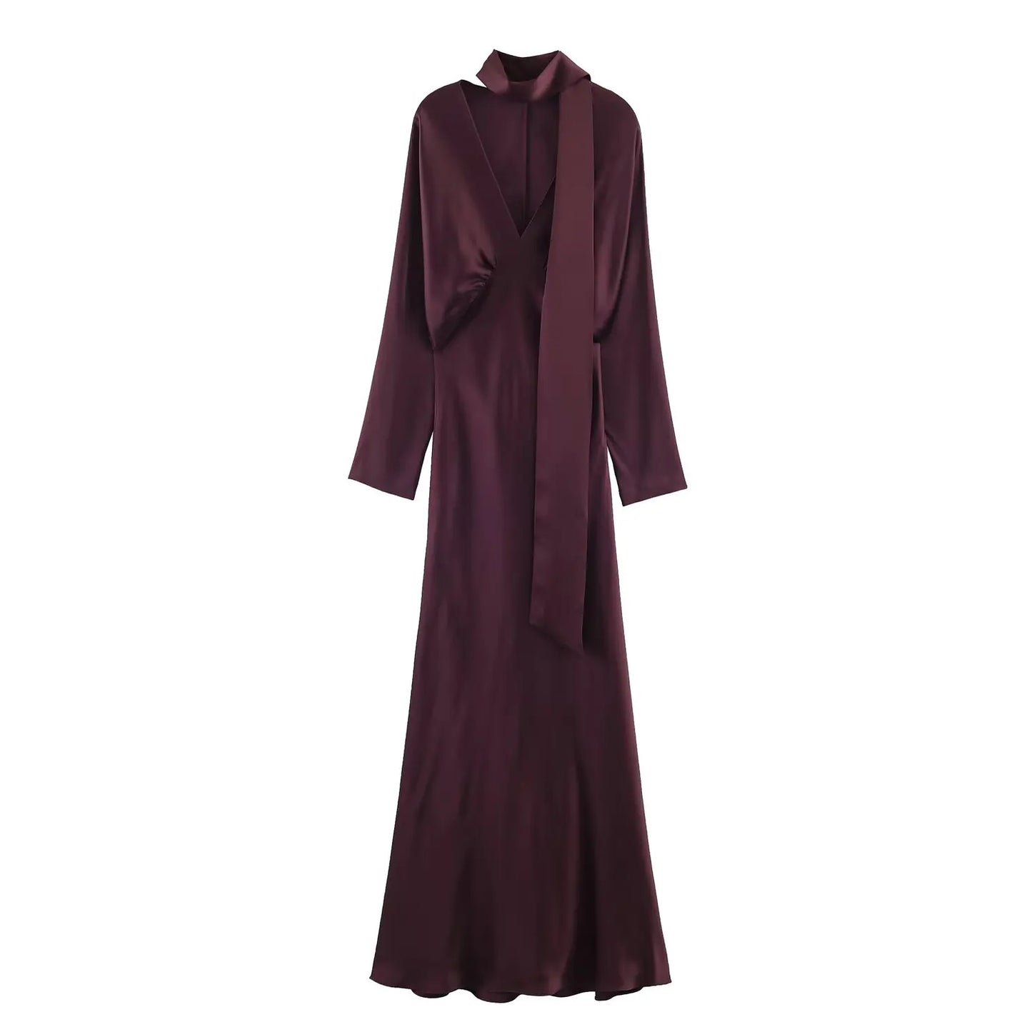 Satin V-Neck Midi Dress with Scarf | Long Sleeve A-Line Chic Elegant Casual Dress Luxegan