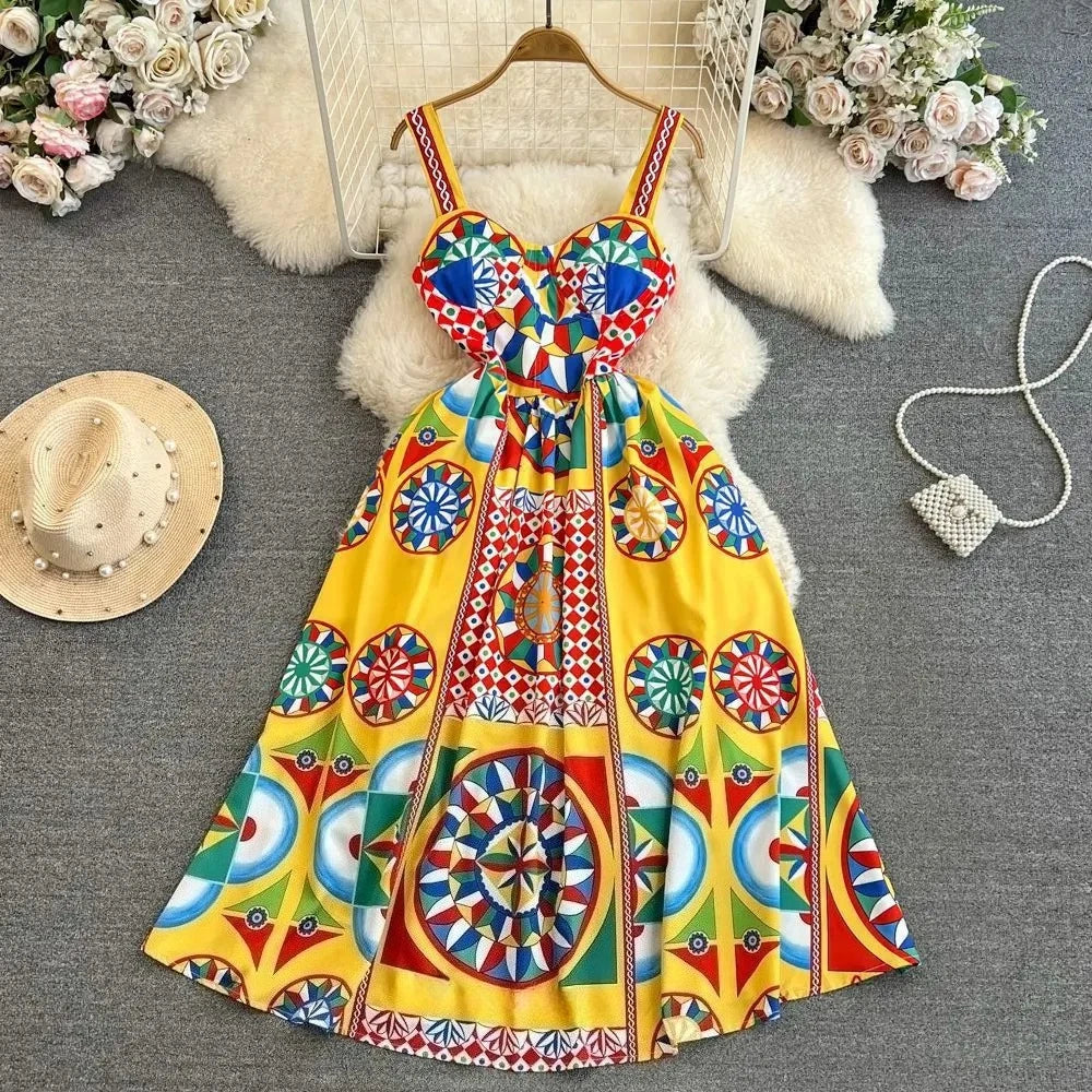 Printed V-Neck Sleeveless A-Line Midi Dress – Regular Fit, Summer Luxegan