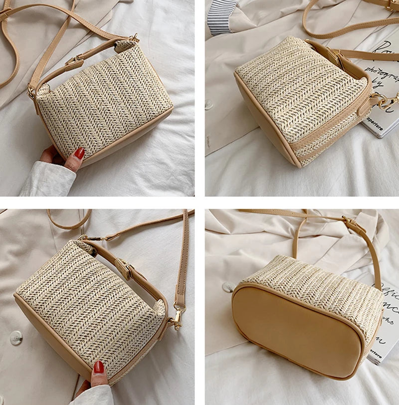 Bohemian Small Knitting Straw Bucket Bag | Casual Summer Crossbody Luxegan