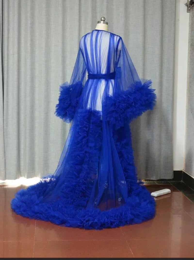 Pearl Diary Women's Perspective Sheer Long Tulle Robe | Puffy Pregnancy Maternity Gown for Baby Shower & Photoshoots | Sexy O-Neck Floor-Length Sleepwear Nightgown | Premium Bespoke Custom Occasion Dress Luxegan