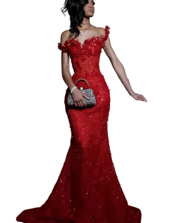 Bespoke Red South African Matric Dance Dress | Luxury Crystal Mermaid Evening Gown | Elegant O-Neck Full Sleeve Formal Party Dress | Premium Satin Lycra Trumpet Gown with Sweep Train Luxegan