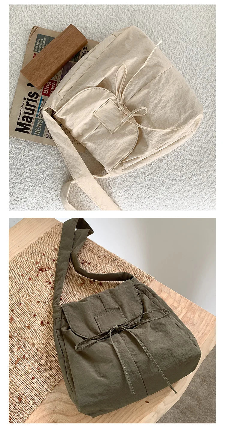 Vintage Flap Nylon Bow Crossbody Bag | Large Autumn Commuter Shoulder Bag & Simple Messenger Bag Luxegan