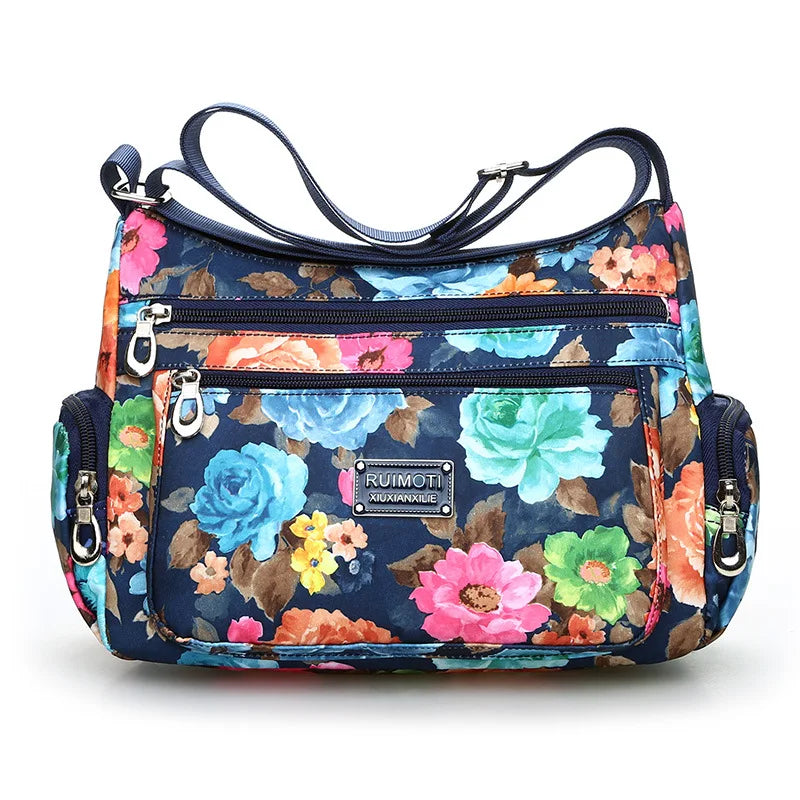 Floral Print Crossbody Bag for Women | Trendy Multi-Layer Nylon Shoulder Bag | Lightweight Travel Messenger & Satchel with Rivet Details Luxegan