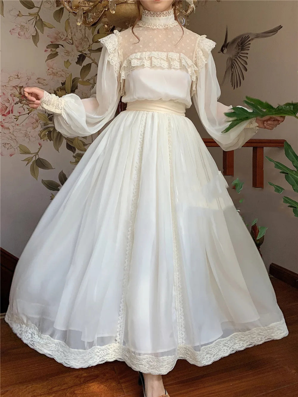 Vintage Cottage Chiffon Gatsby Dress Fairy Woman Chic Romantic Lace Lantern Sleeve Retro Princess Dresses Vestido Festa Faldas