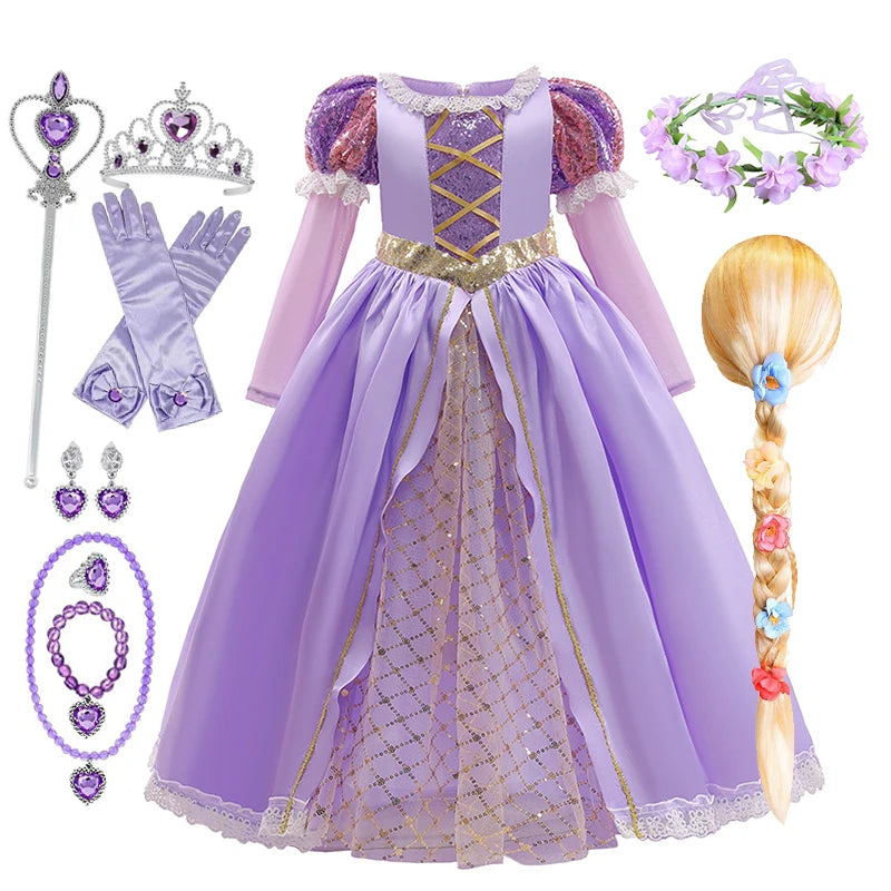 Girls' Rapunzel Princess Costume Dress | Kids Tangled Cosplay Carnival Disguise Gown | Short-Sleeve Ankle-Length Birthday Party Outfit for 2-10 Years Luxegan