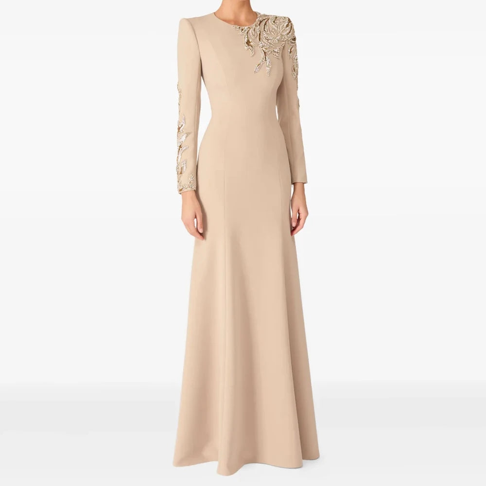 Crystal Beading A-Line Prom Gown | O-Neck Full Sleeve Floor-Length Evening Dress Luxegan