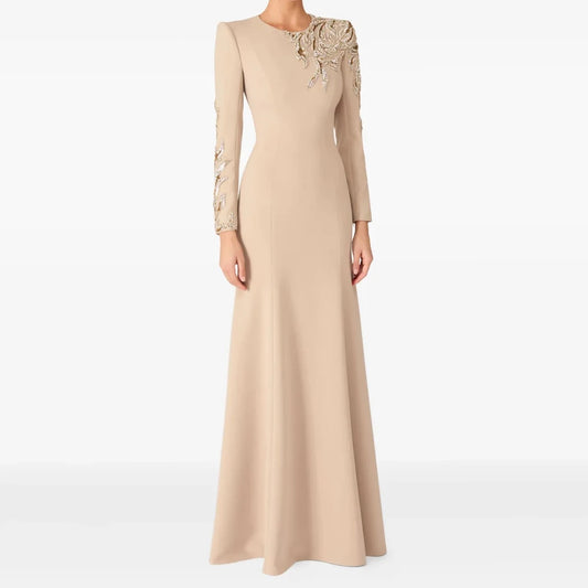 Crystal Beading A-Line Prom Gown | O-Neck Full Sleeve Floor-Length Evening Dress Luxegan