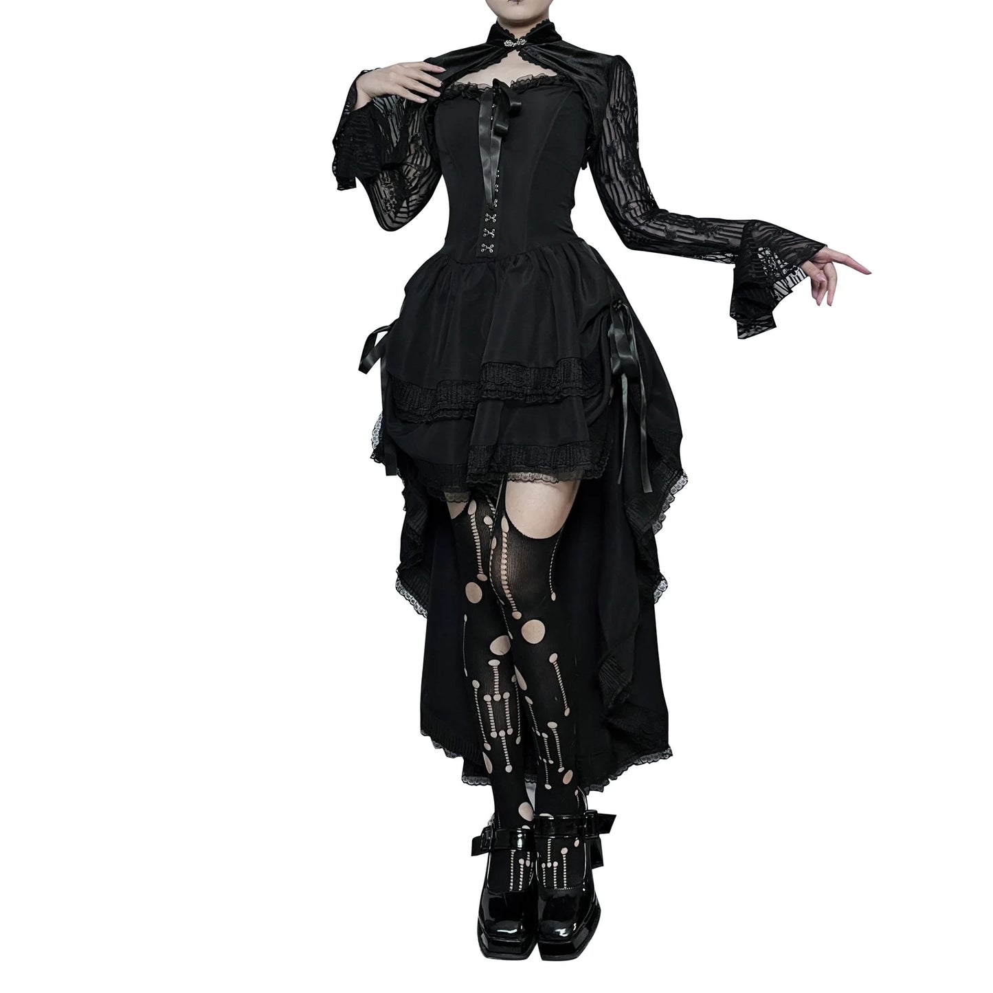 Gothic Spaghetti Strap Lace Pleated High-Low Asymmetric Swing Bodycon Mini Dress | Vintage Goth Elastic Waist Dress Luxegan