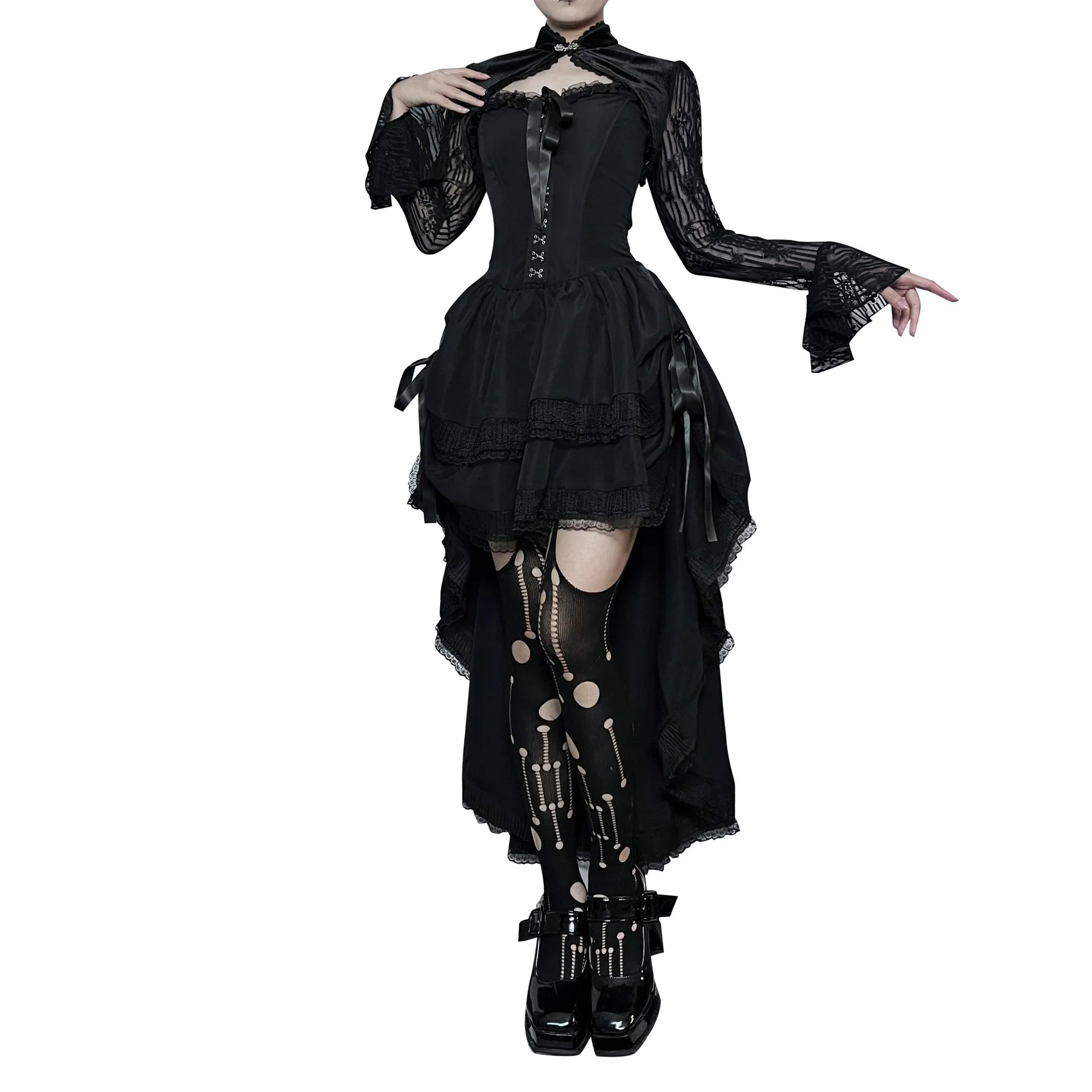 Gothic Spaghetti Strap Lace Pleated High-Low Asymmetric Swing Bodycon Mini Dress | Vintage Goth Elastic Waist Dress Luxegan