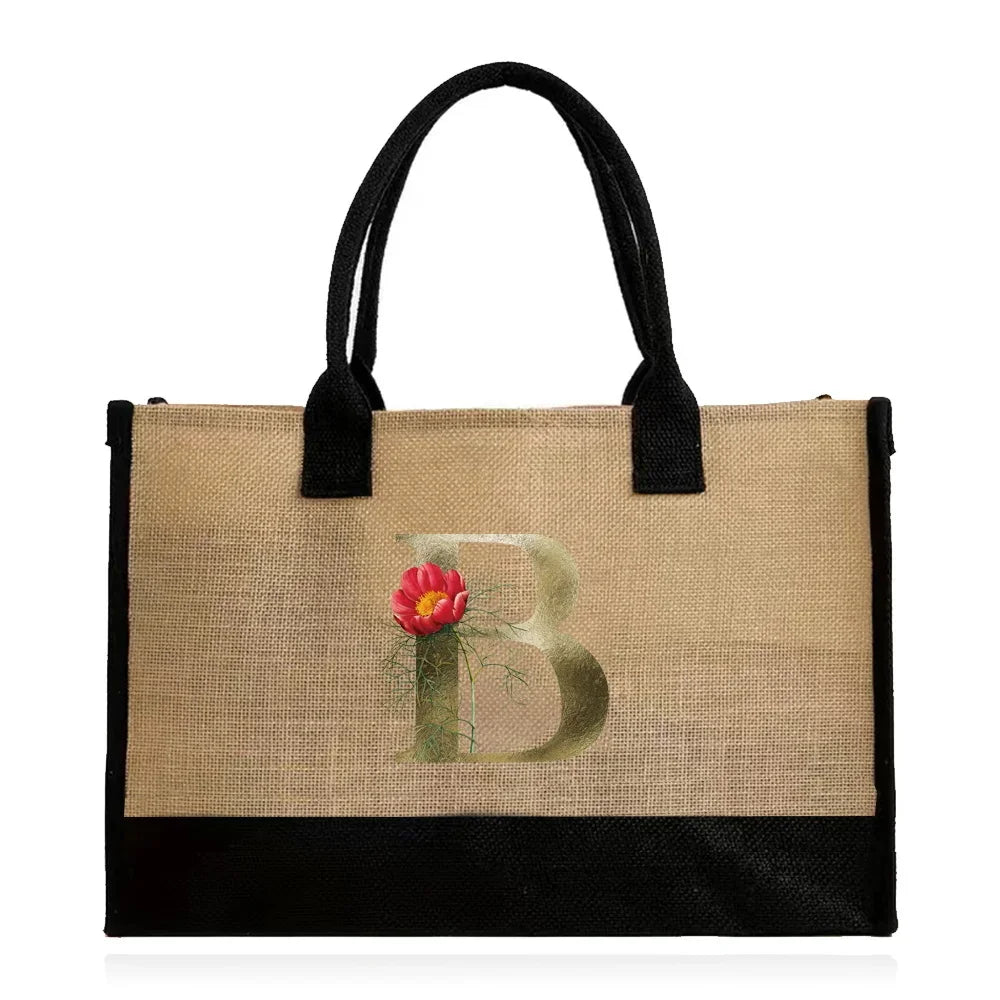 Handmade Jute & Canvas Beach Shopper | Large Capacity Portable Grocery Organizer | Eco-Friendly Woven Women’s Handbag with Golden Flower Pattern Luxegan