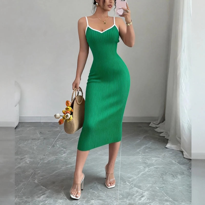 Solid V-Neck Spaghetti Strap Sleeveless Regular Fit Sheath Mid-Calf Dress – Empire Waist, High-Stretch Knit, Summer Luxegan