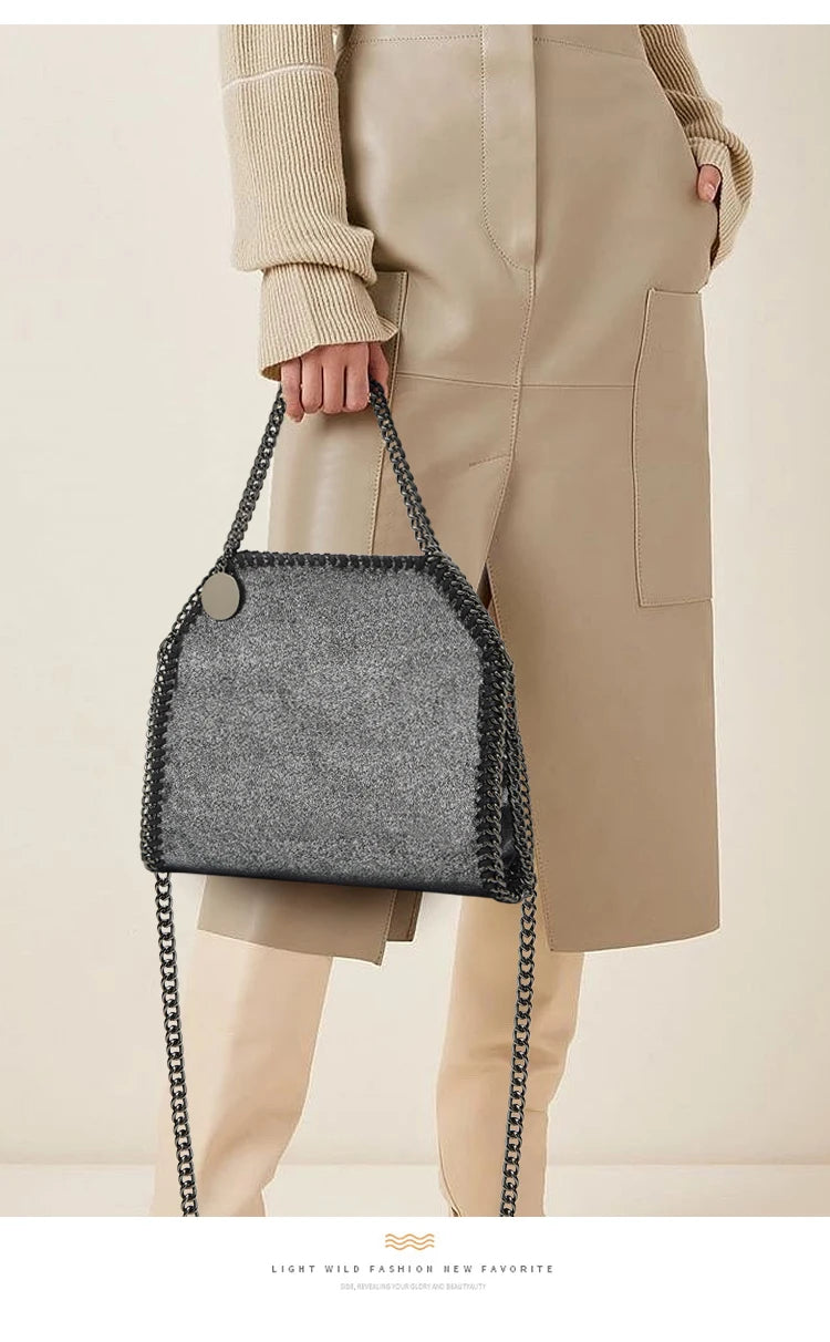 Designer Luxury Women's Chain Braid Bag | Faux Suede Shoulder & Messenger Bag | Elegant Branded Saddle Handbag with Braided Metal Chain Detail Luxegan