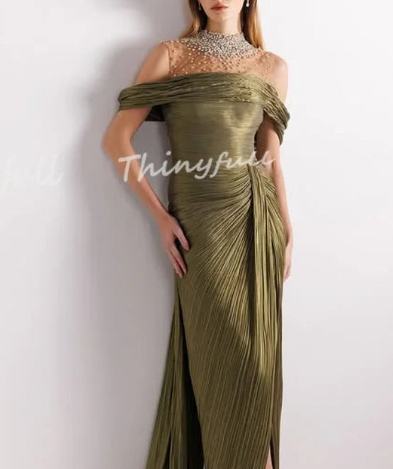 Dubai Shiny Satin Mermaid Prom Dress | Elegant High-Neck Pearl Evening Party Gown | Sleeveless Off-The-Shoulder Split Floor-Length Dress Luxegan