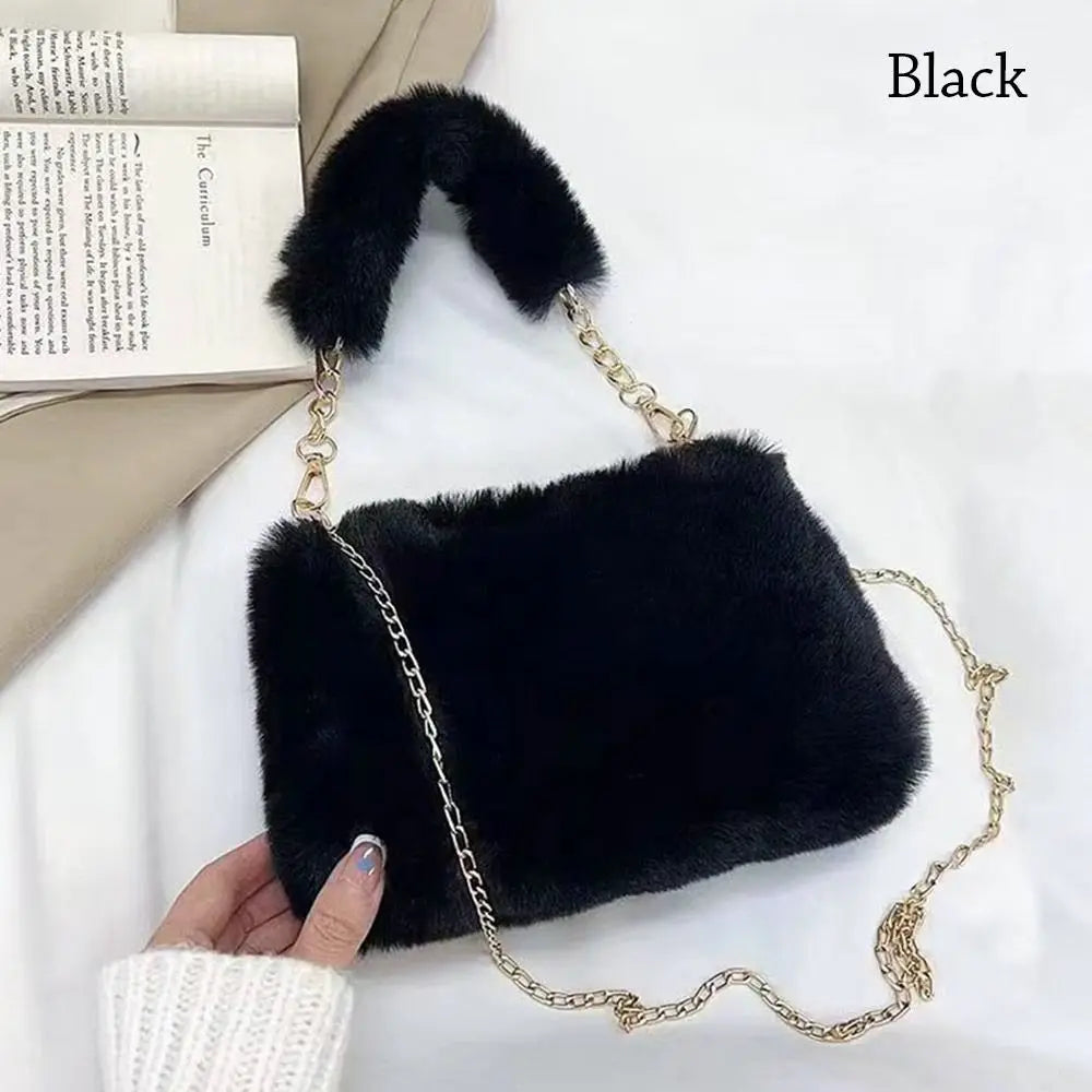 Fashion Women’s Fluffy Shoulder Bag | Sophisticated Winter Plush Underarm Bag | Elegant Solid Color Handbag with Chain Detail | Soft Handle Bag for Parties and Social Events Luxegan