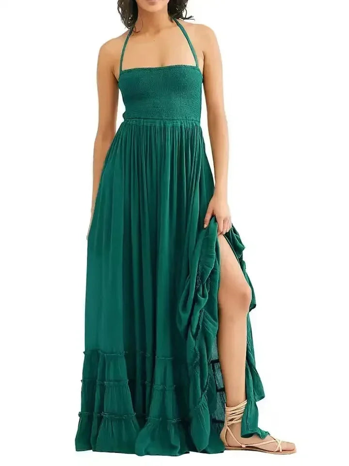 Solid Spaghetti Strap Draped Tie-Waist Regular Fit A-Line Ankle-Length Rayon Dress – Empire Waist, Bohemian, Summer Luxegan