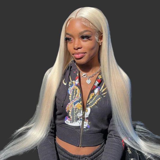 613 Platinum Blonde Straight HD Lace Wig | Sophisticated 13x6 & 13x4 Transparent Frontal | Elegant "Brazilian Remy" 26+ Inch Silhouette | "Dignified" Pre-Plucked Human Hair for Radiant Versatile Styling Luxegan