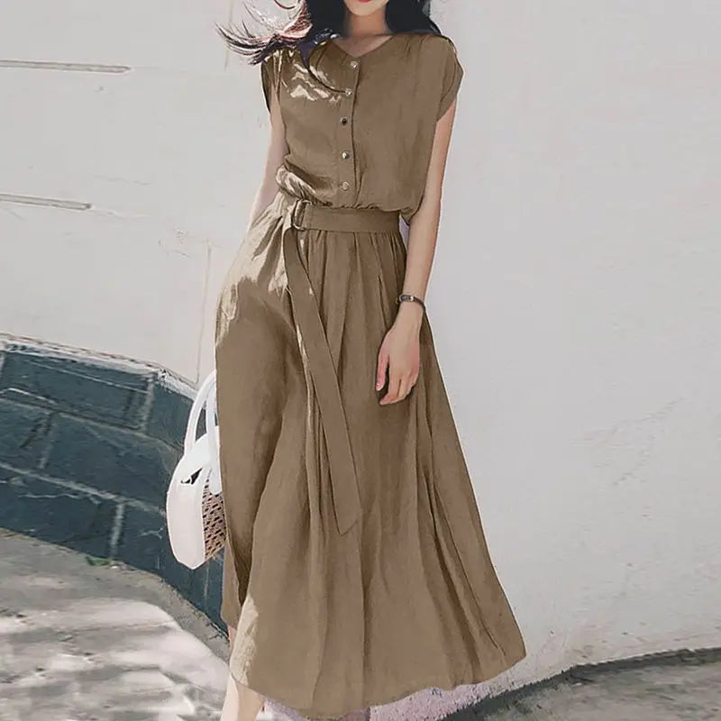 Women's Elegant Solid Short Sleeve Midi Dress | Casual Summer Party A-Line Sundress | Vintage O-Neck Pullover Dress with Sashes | Premium Jersey Regular Fit Vestido Luxegan