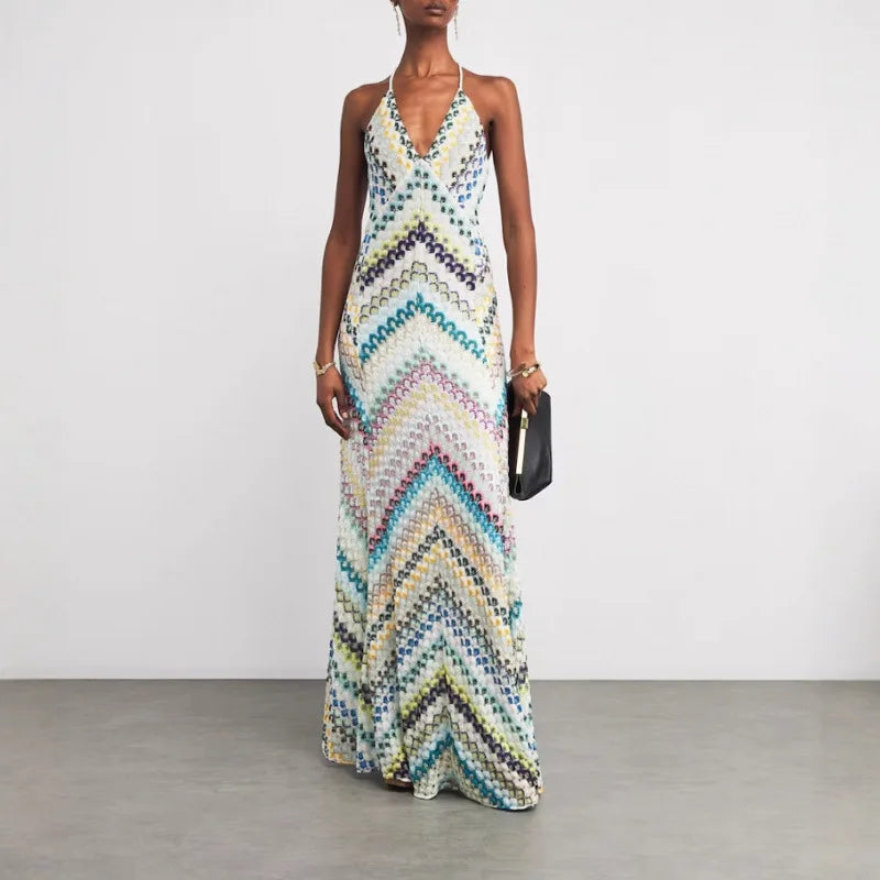 Geometric V-Neck Sleeveless Backless Regular Fit A-Line Floor-Length Dress – Natural Waist, Summer Luxegan