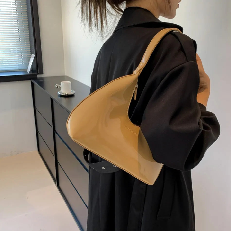 Designer Patent Leather Crescent Bag | Soft Solid Color Shoulder Tote Luxegan