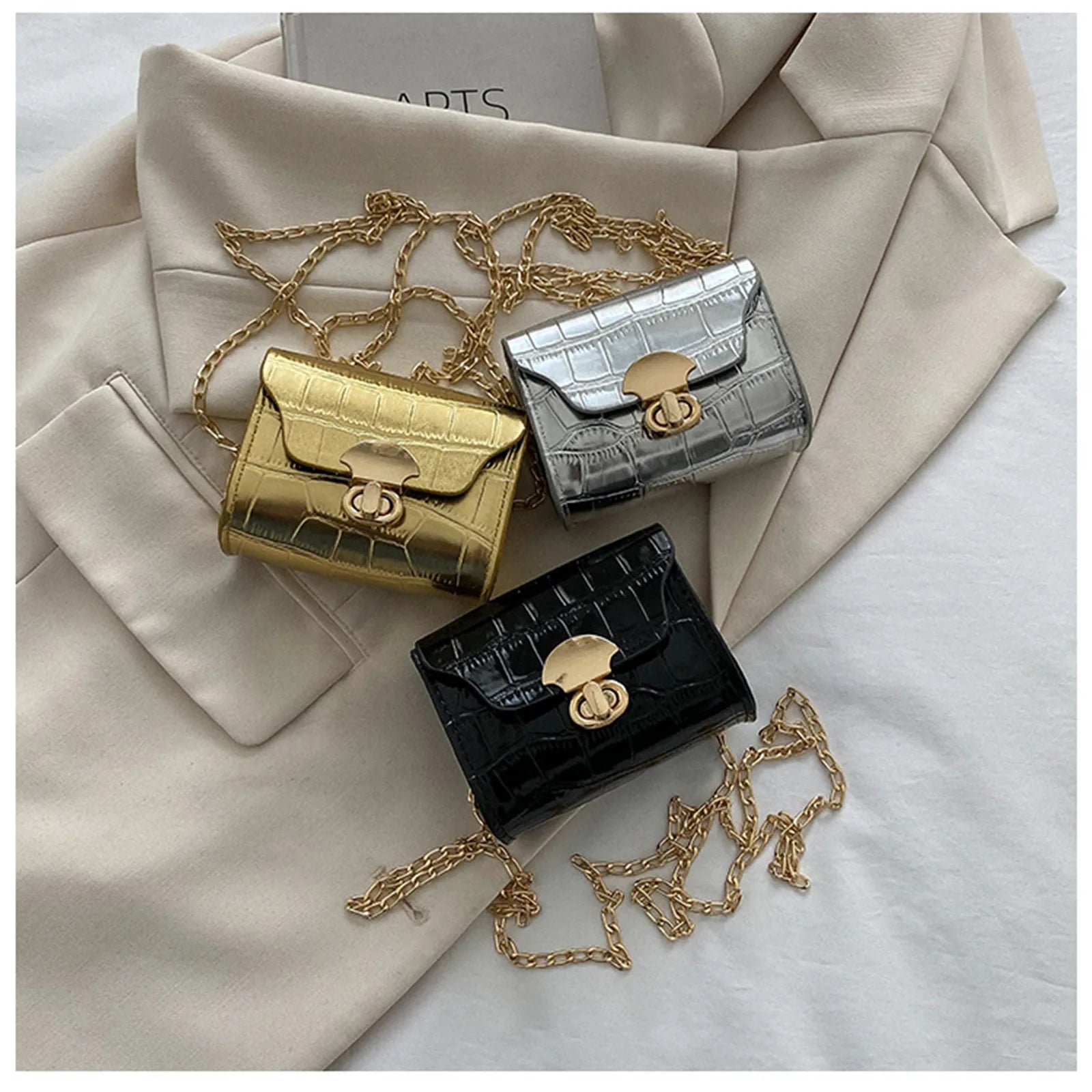 Korean Style Leather Bright Surface Shoulder Bag | Chain Mini Crossbody Bag & Lipstick Pouch Luxegan
