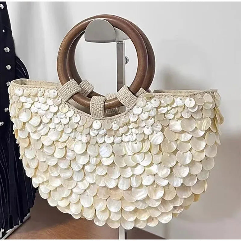 Designer Women's Pearlescent Inlay Half Moon Crossbody Bag | Exquisite Shell Beaded Handbag with Sequin & Wooden Handle Tote Luxegan