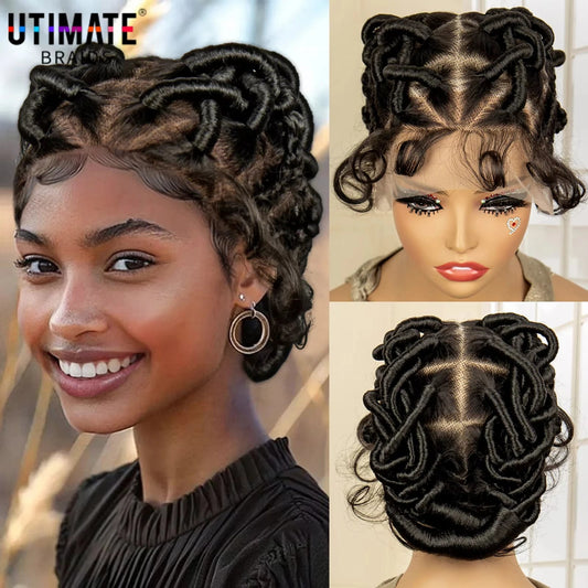 Synthetic Full Lace Handmade Afro Braided Wigs for Black Women Bantu Knotless Braids Wig with Baby Hair Lightweight Braiding Wig Luxegan