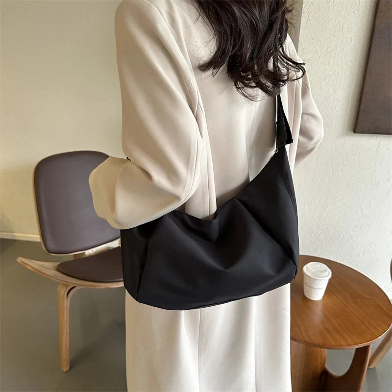 Fashion Large Capacity Hobo Bag | Casual Oxford Cloth & PU Leather Women's Half Moon Crossbody Tote Luxegan