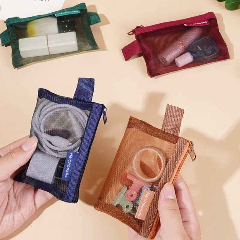 Pequeño Bolso Cuadrado de Color Sólido para Monedas, Organizador de Nylon de Malla para Pintalabios, Llaves, Auriculares, Tarjetero de Bus, Banco, Identificación, Tarjetas de Crédito, Estuche de Almacenamiento