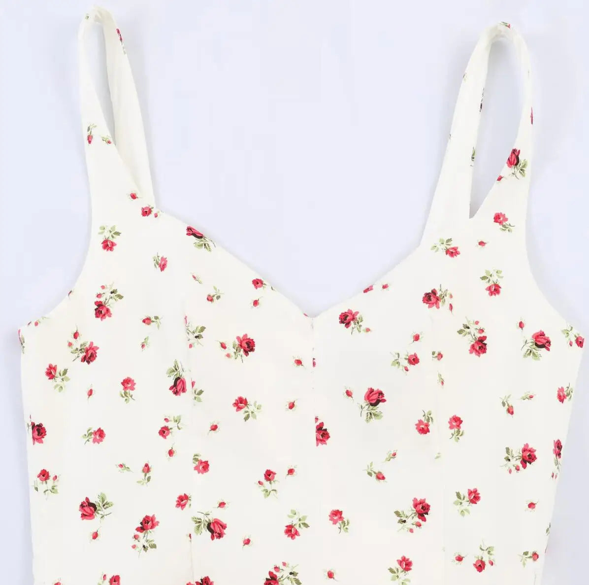 Sexy Beige With Red Floral Print V Collar Sling Mini Dress Women Backless Low Waist Ruched Swing Dresses Femme Vestidos Robe