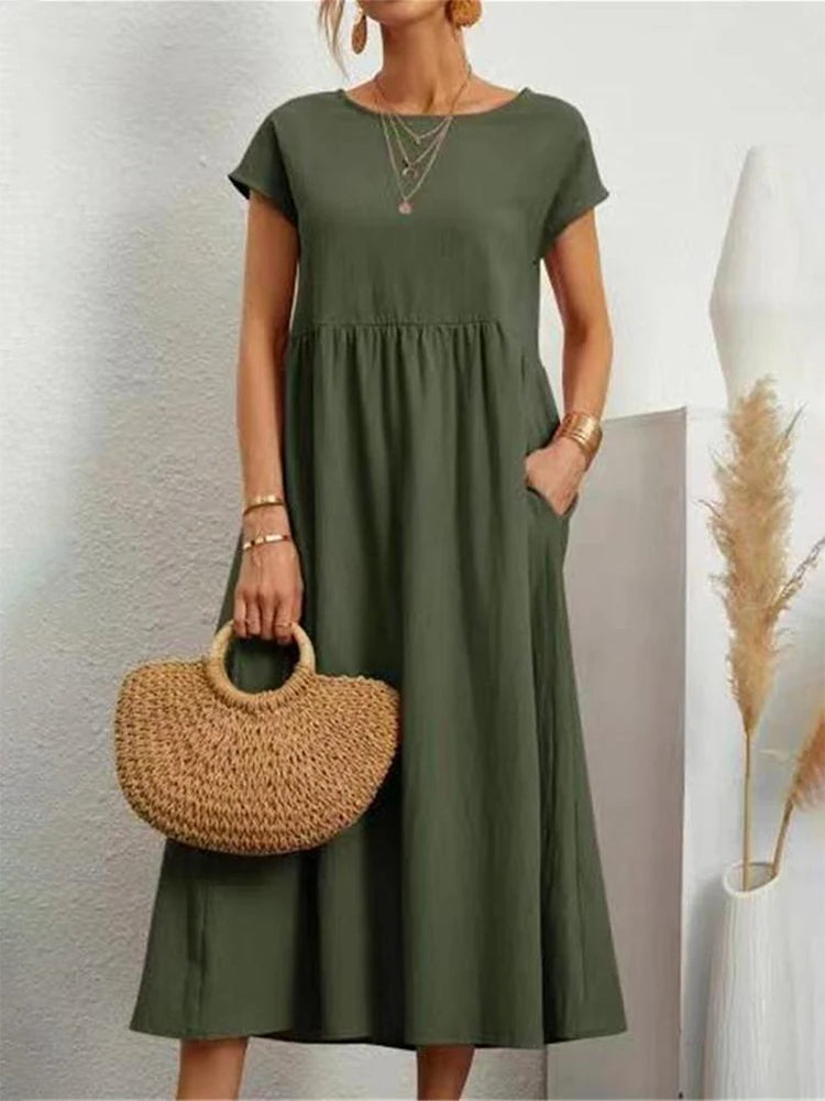 Women's Elegant Solid Maxi Dress | Vintage Harajuku Cotton Linen Long Dress | Summer Short Sleeve O-Neck Loose Sundress | Premium Y2K Minimalist Pocketed A-Line Luxegan