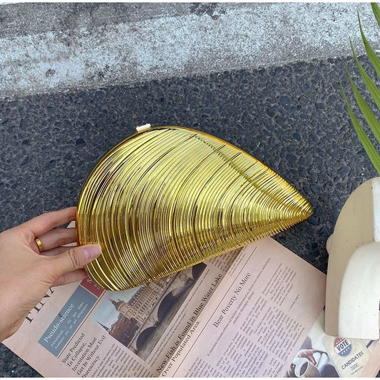 Polyester Sequined Shell Clutch | Hard Retro Gold Creative Box Evening Bag Luxegan