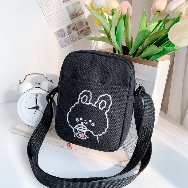 Cute Bear & Rabbit Print Crossbody Bag | Sophisticated Mini Canvas-Feel Square Purse | Elegant Cartoon Handbag for Women & Girls | Trendy Box-Shaped Shoulder Phone Bag with "Dignified" Soft Finish Luxegan