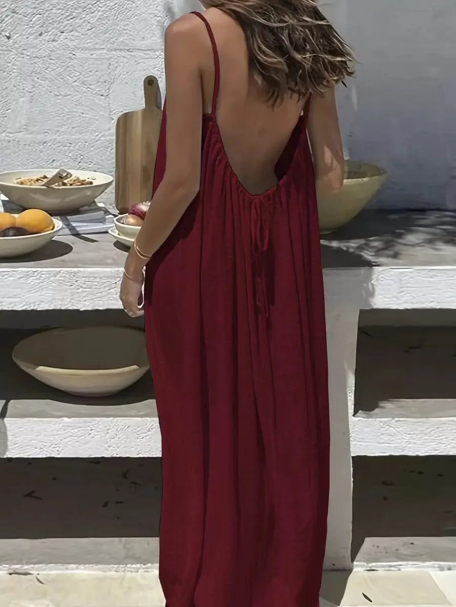 Ladies Loose H-Line Long Gown Nightwear | Comfortable Polyester Sleeveless Strap Home Clothing | Casual V-Neck Solid Color Lounge Dress | Elegant Ankle-Length Summer Beach Style Sleepwear Luxegan