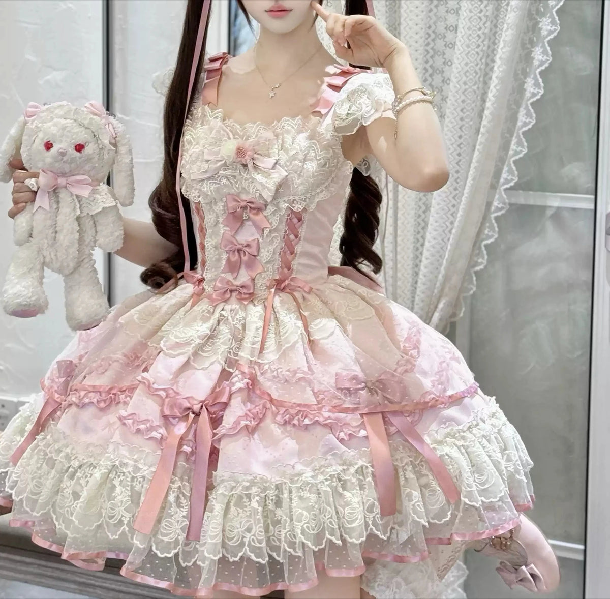 Sweet Lolita JSK Dress Set – Lace, Bow, Spaghetti Strap, Square Collar, A-Line