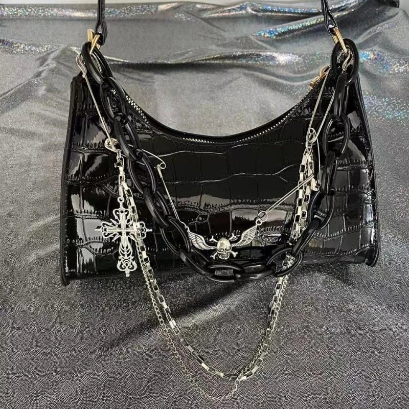 Gothic Dark Punk Underarm Bag | Skull Shoulder Bag & Y2K Chain Crocodile Pattern Crossbody Bag (Korean Popular Aesthetic Handbags) Luxegan