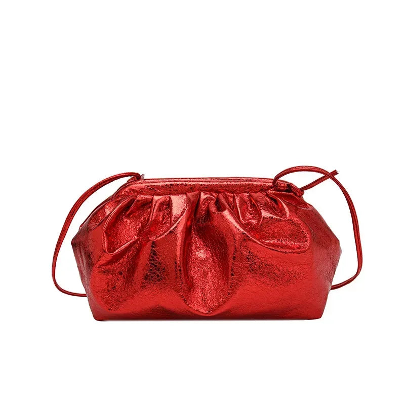 Small Luxury Design Women's Leather Silver Cloud Bag | Gold Crossbody & Ladies Party Clutch Purse (Sequined, Ruched Handbag) Luxegan