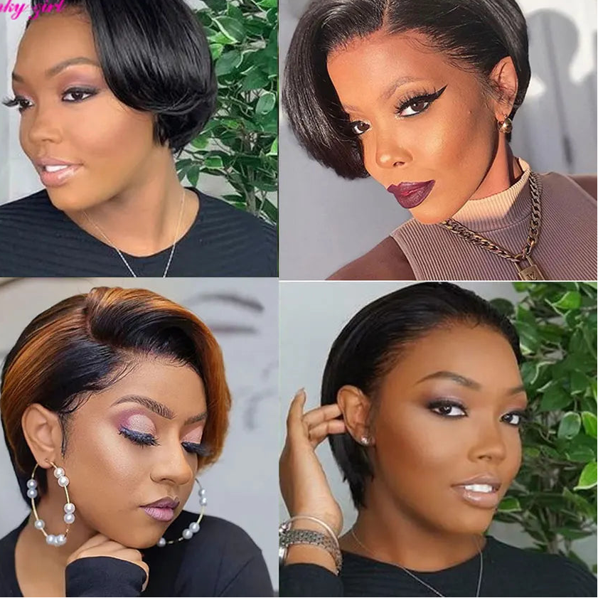 Sleek Straight Short Pixie-Cut Bob Wig | 13x4x1 T-Part Transparent Swiss Lace Frontal Wig | 100% Brazilian Remy Human Hair Pre-Plucked Glueless Bob for Women (Natural Black) Luxegan 