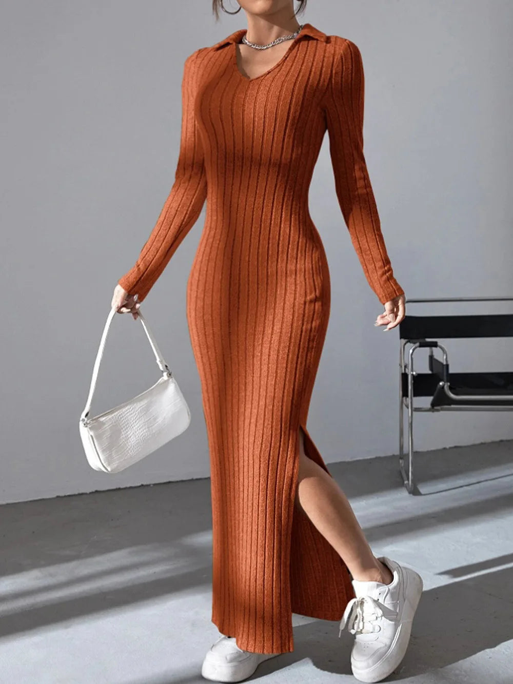 Women's New Knitted Slim Lapel Long Sleeve Dress | Elegant Pit Strip Solid Color Tight Skirt | Office Lady Medium Stretch Ankle-Length Sheath Vestido Model GZ2401062 Luxegan