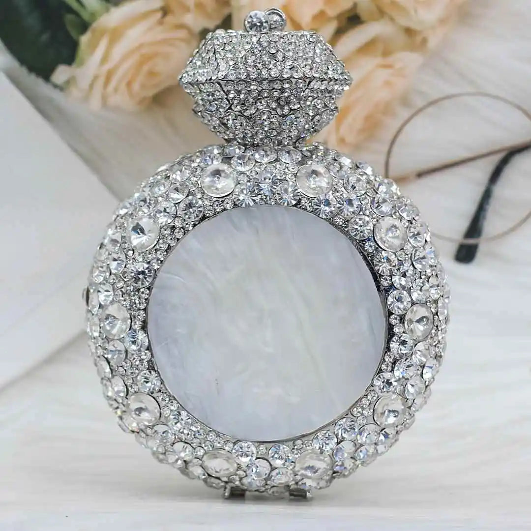 New Design "Big Diamond Ring" Evening Bag | Luxury Bridal Wedding Rhinestone Clutch | Elegant Circular Gold & Silver Handbag | Glamorous Sequined Dress Purse (Model DR521) Luxegan