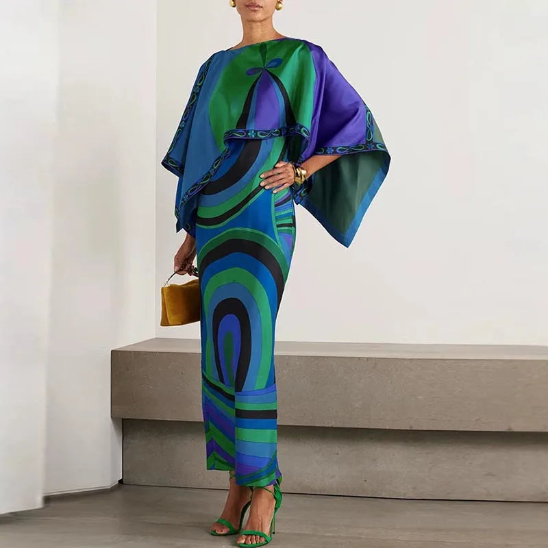 Stripe Print Round Neck Full Batwing Sleeve Loose Fit Sheer Ankle-Length Dress – Available as Dress or 2-Piece Set, Spring/Summer Luxegan