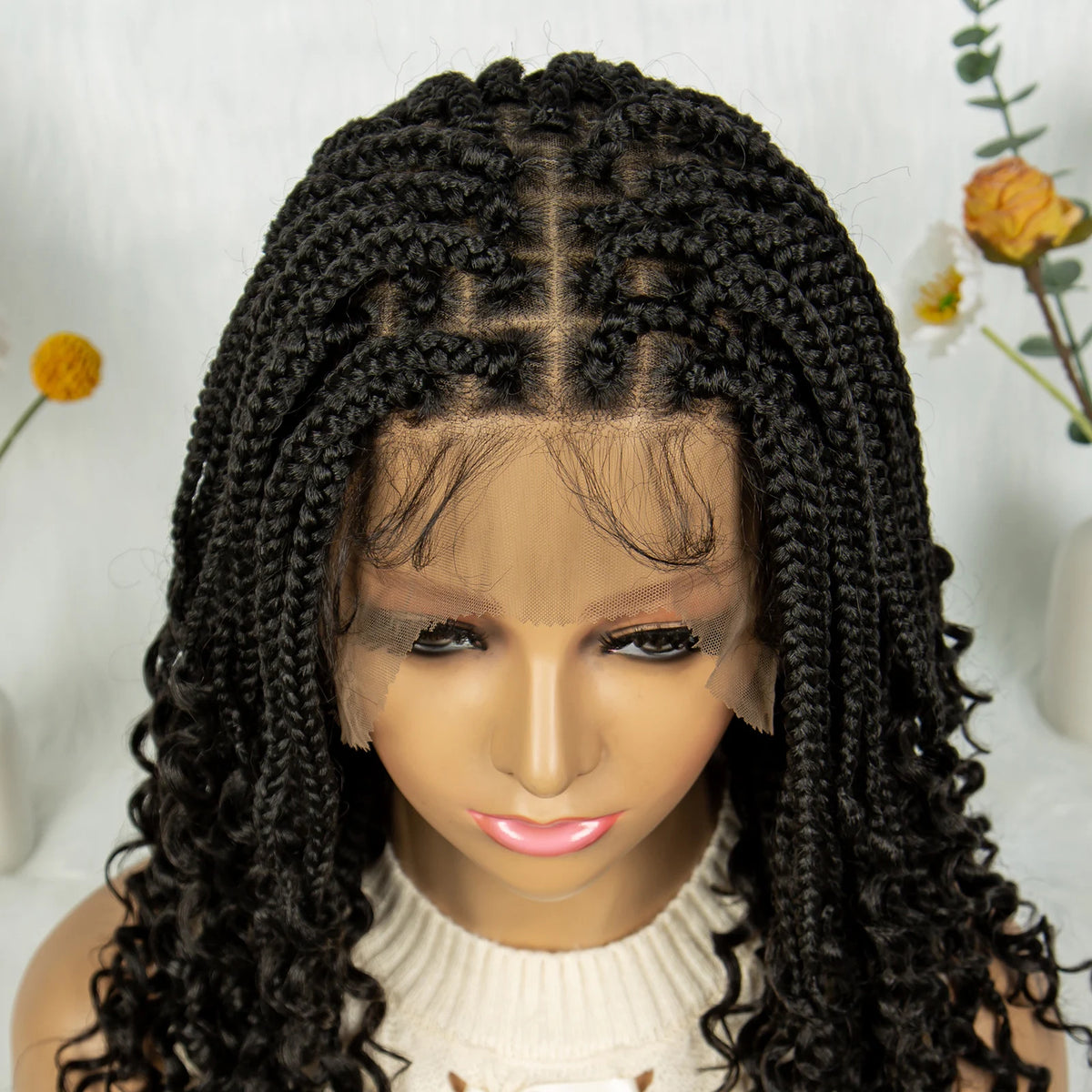 16 Inch Boho Knotless Box Braided Wig | Full Lace | Curly Ends