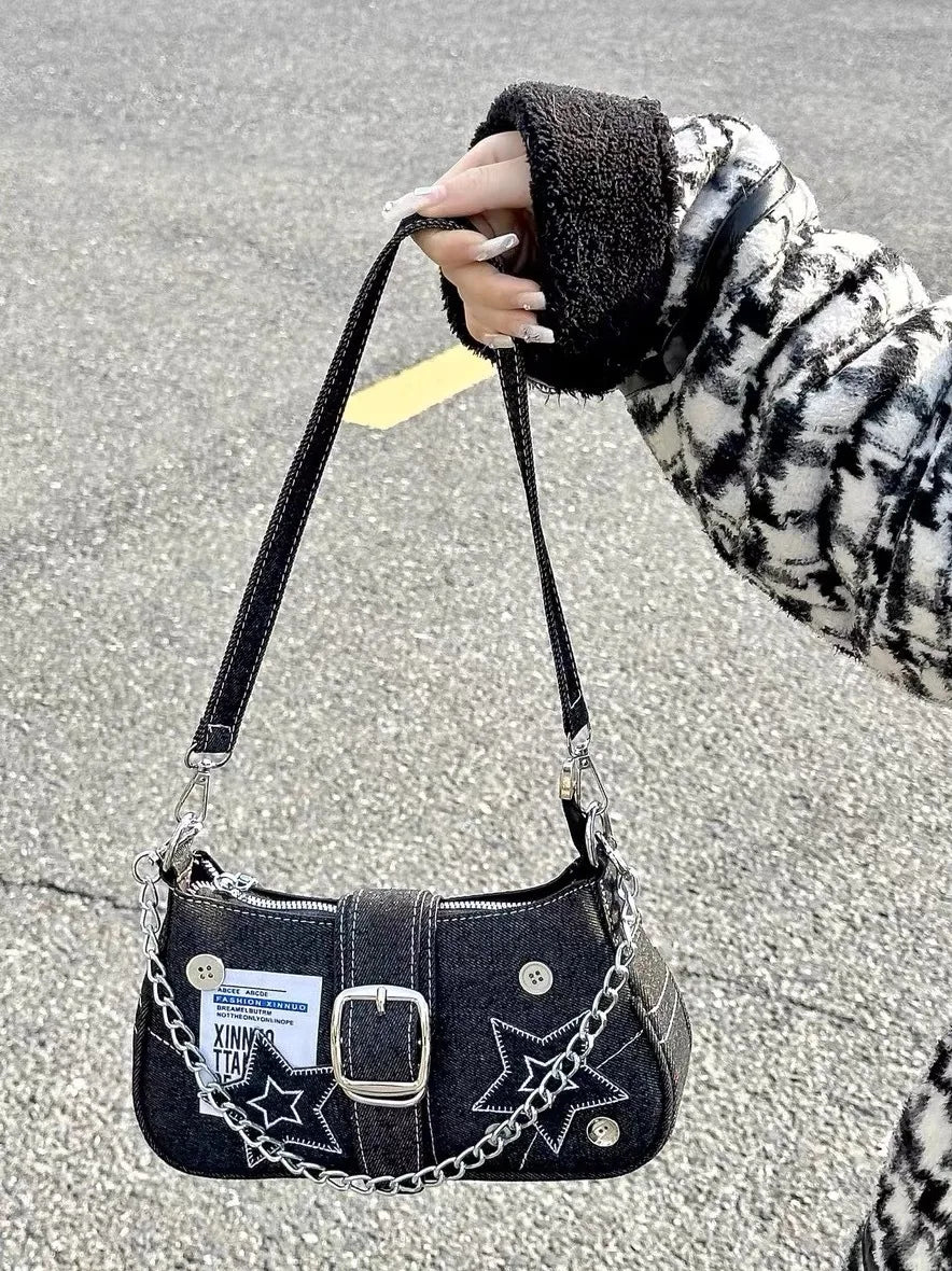 Y2k Fashion Women's Handbags Stars Pattern Cool Girl Underarm Bag | Vintage Canvas Female Shoulder Bag Chain Crossbody Tote Purses Luxegan